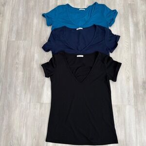 Beyove V-Neck T-Shirt 3 Pack Black Navy Teal Cuffed Short Sleeve Womens Small